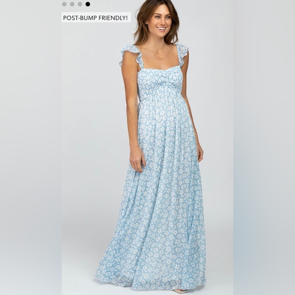 Light Blue Floral Chiffon Sweetheart Maternity Maxi Dress - Picture 4 of 13